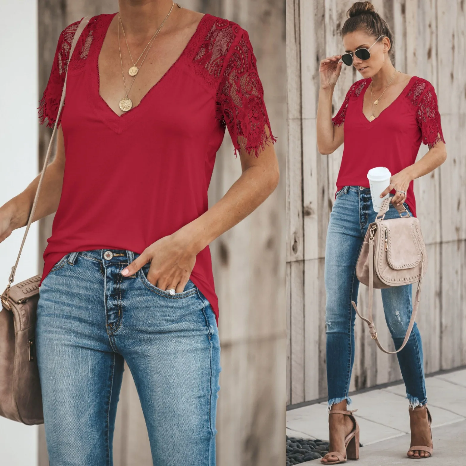 

Spring And Summer Fashion New Product Sexy Beautiful Pure Color Lace Stitching Top Short Sleeve Slim T-shirt Women