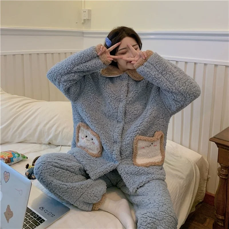 QWEEK Pajamas for Women Winter Flannel Pijamas Kawaii Bread Pocket Home Clothes Teen Girls Loungewear Sleepwear Pyjamas Roomware
