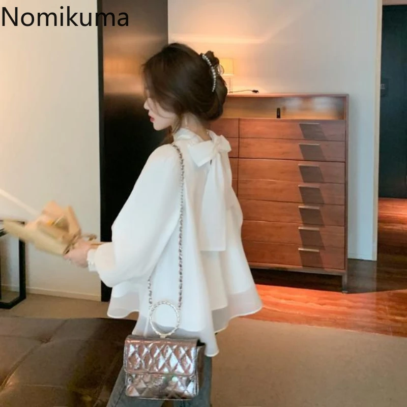 Милая женская блузка Nomikuma с галстуком-бабочкой шифоновая рукавами-фонариками