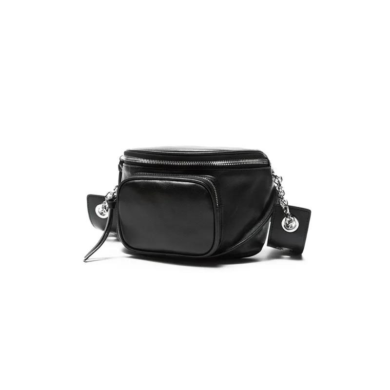 

Free Shipping Womens Easy Matching Crossbody Bags Genuine Leather Black Handbags Wide Strap Cowskin Chest Bags