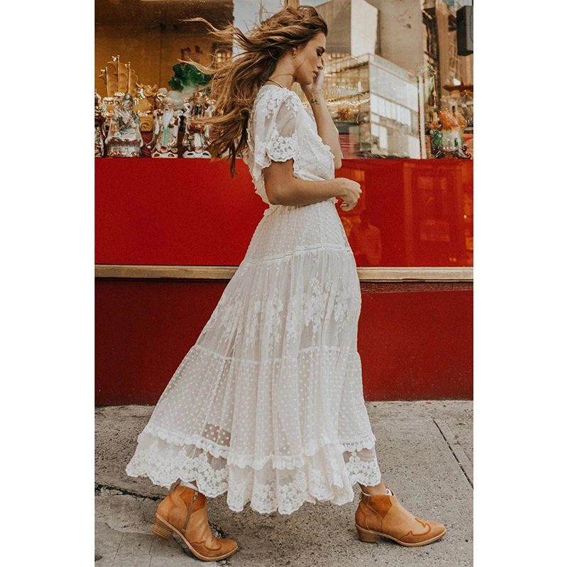 Lace Hollow Out White Ankle Length Dress Cottagecore Elegant Women Autumn Dress Plunge V-Neck Half Sleeve Lace Dress Maxi Dress