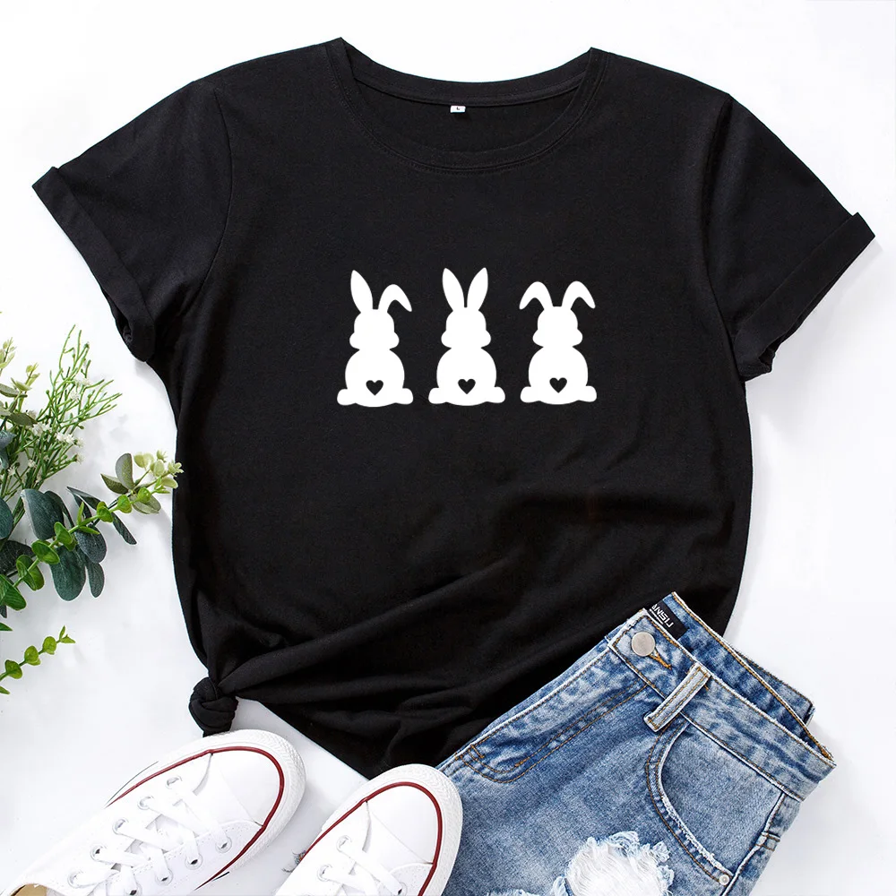 Женская свободная футболка с коротким рукавом и принтом кролика | одежда