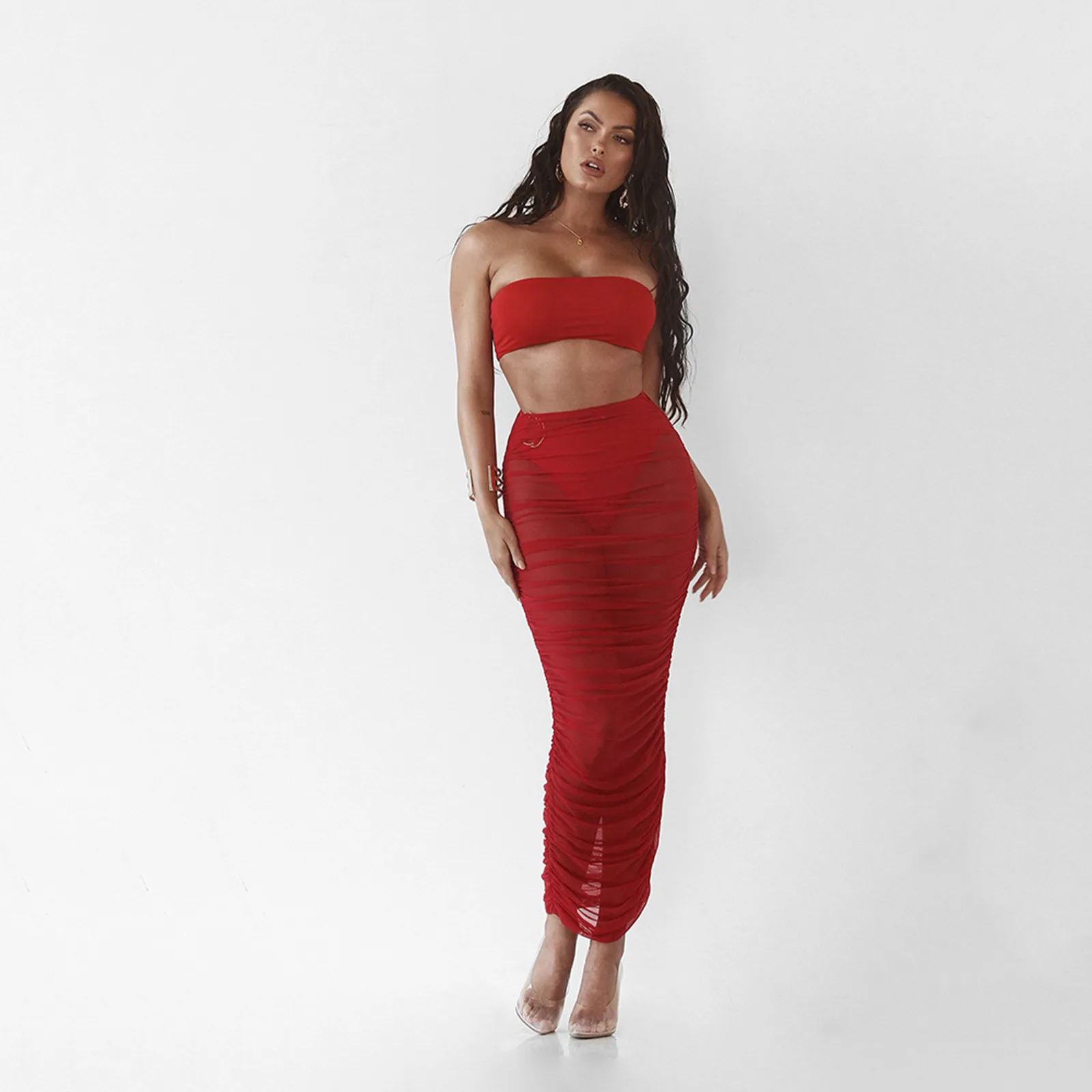 

New Asia Mesh Beach Solid Short Skirt Women Summer Slim Sexy Perspective Side Split Mini Skirts See Through Beach Party Clothing