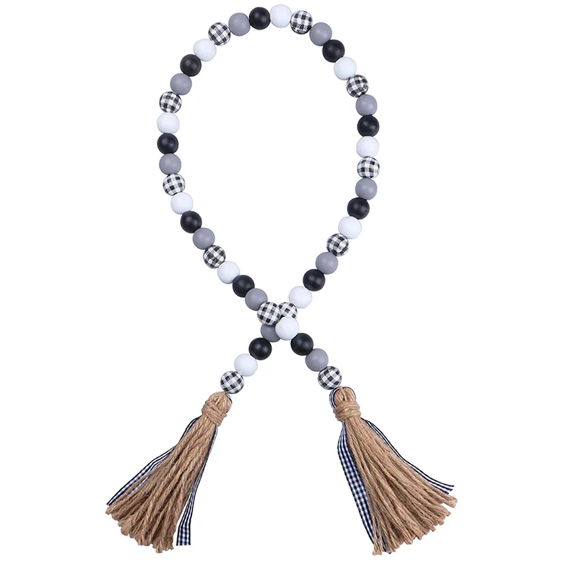 

Деревенская деревянная гирлянда из бусин, деревенская деревянная гирлянда из бусин черного, белого, серого и клетчатого цвета с джутовой ве...