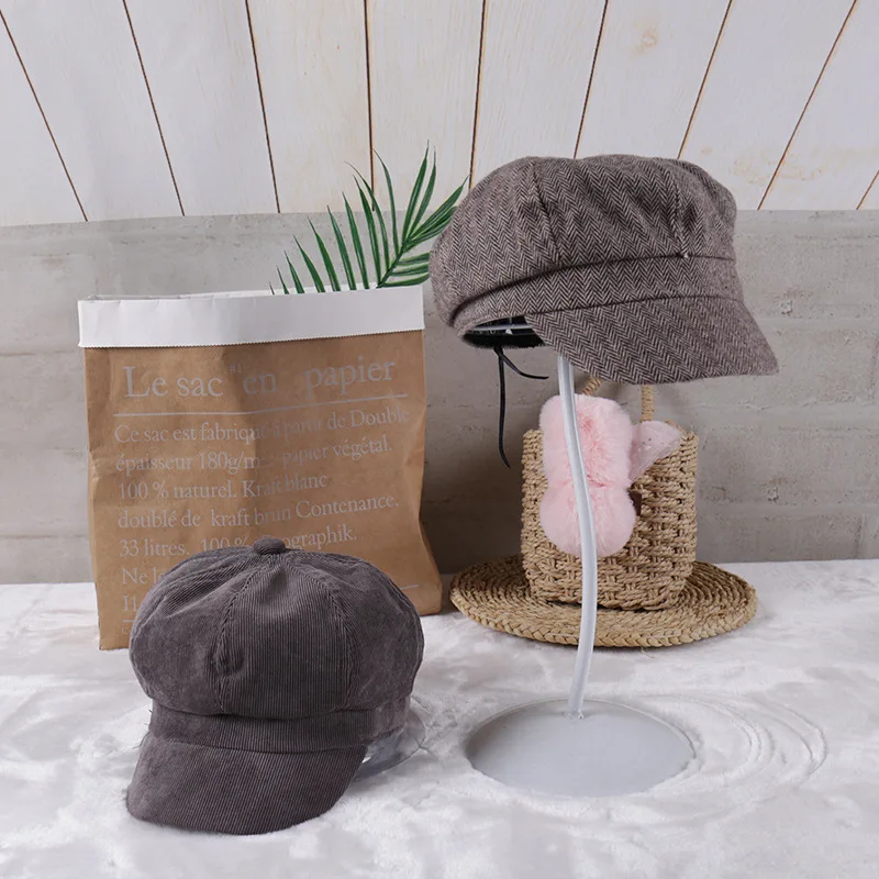 Осень-зима головные уборы для женщин в клетку полоску восьмиугольные шапочки