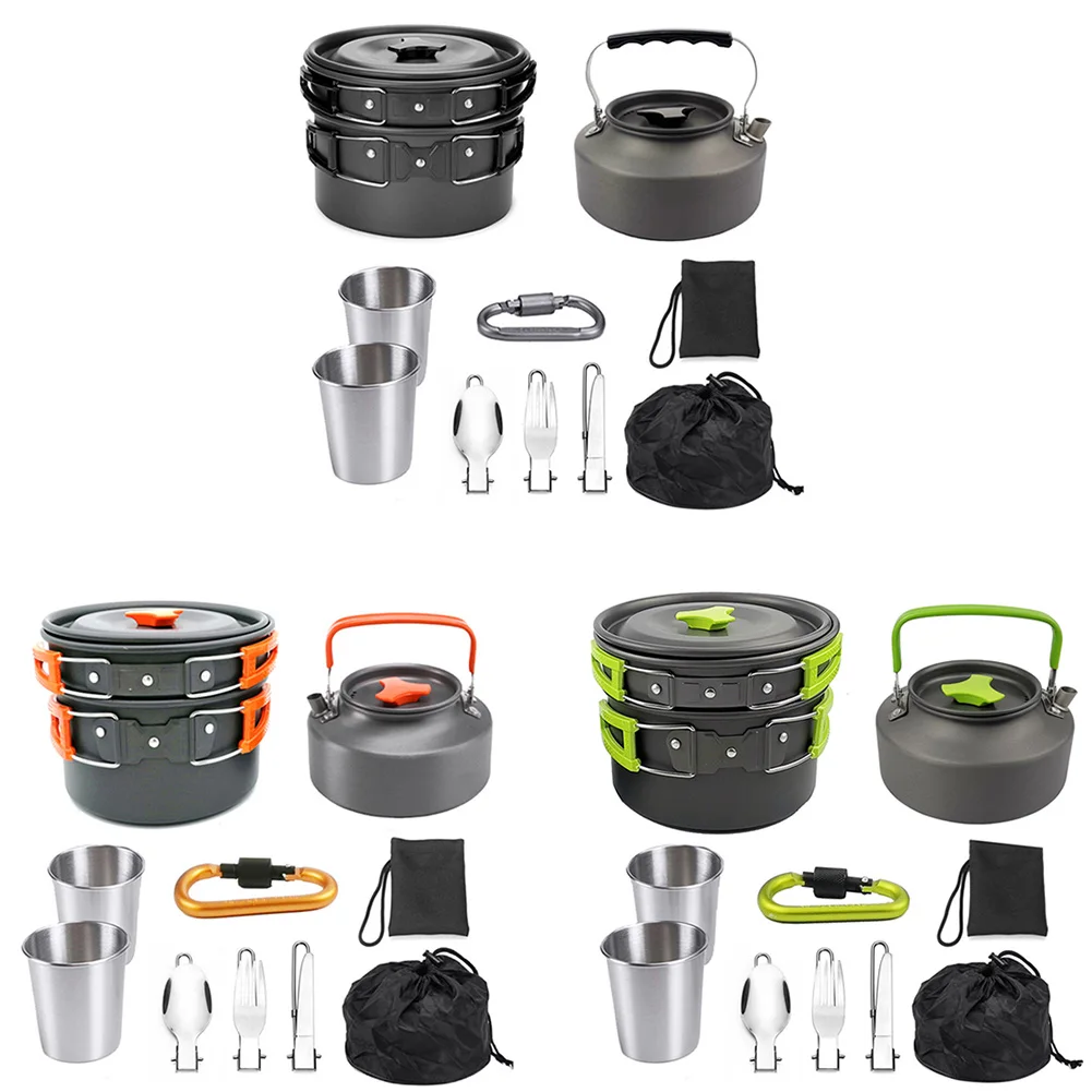 

Camping Picnic Cooking Utensils Kit Set Hanging Pot Pan Kettle With Base Spoon Fork Knife Carabiner Set Stainless Steel Supplies