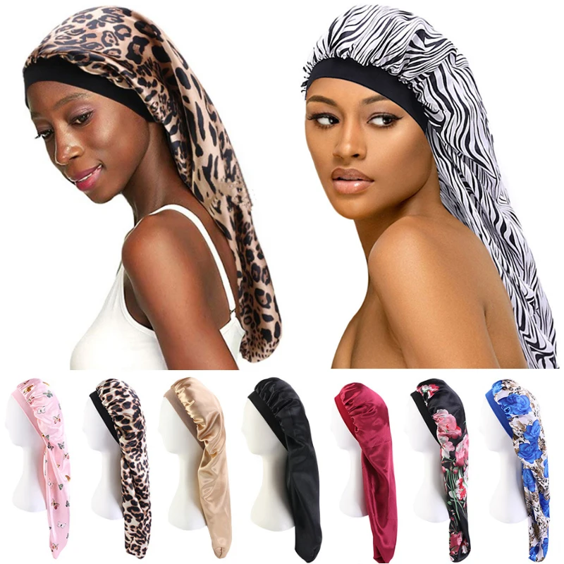 

Fashion Women Sleep Hair Turban Cap Long Satin Printed Flower Elastic Bonnet Cylindrical Chemo Cancer Hat Muslim India Headwear