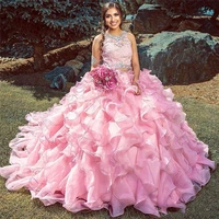 two pieces pink ruffles quinceanera dresses for 15 year girl lace beaded ball gown organza tiered formal long party dress