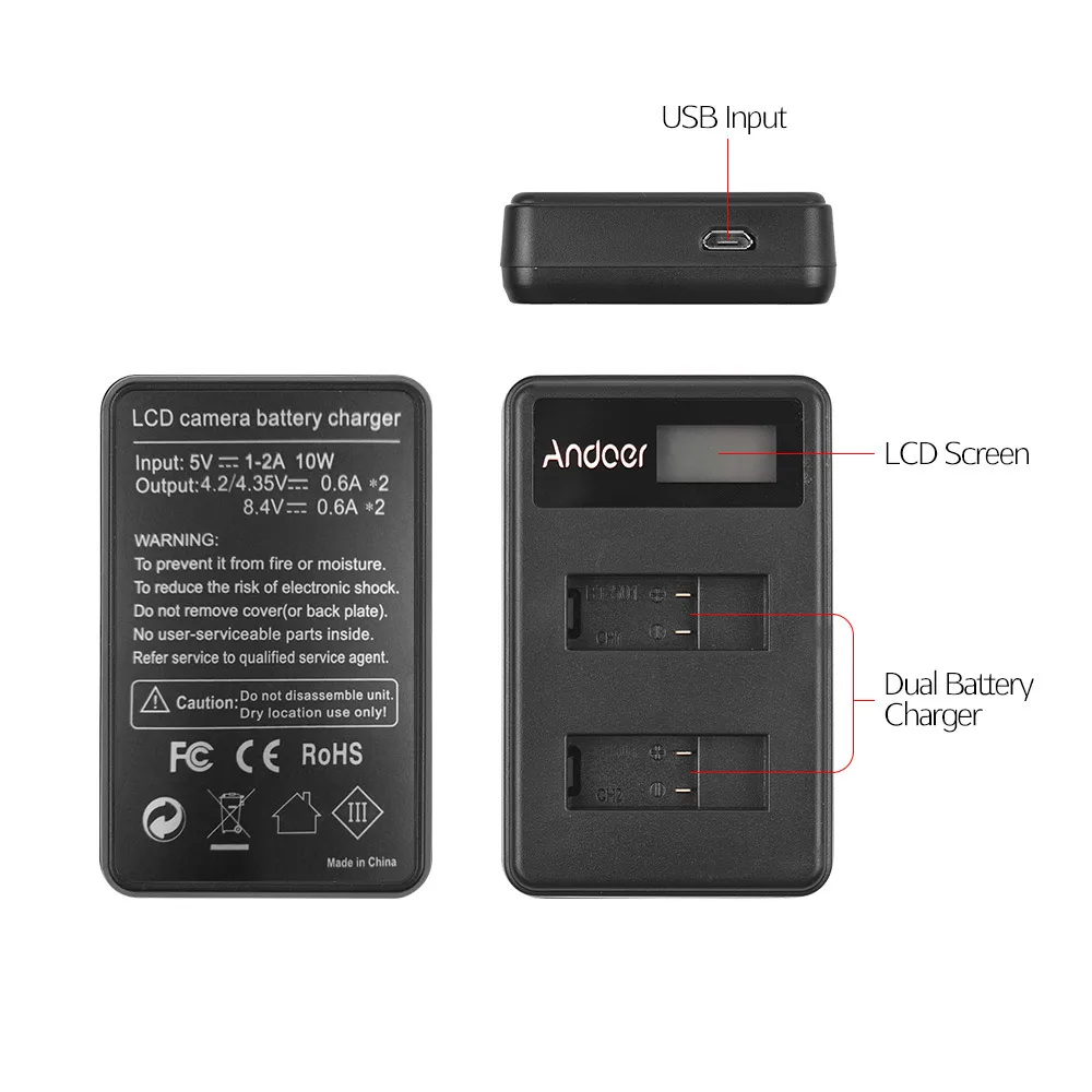 Andoer LCD 2-GOPRO5 Двойной аккумулятор зарядное устройство ЖК-камера Зарядка батареи USB