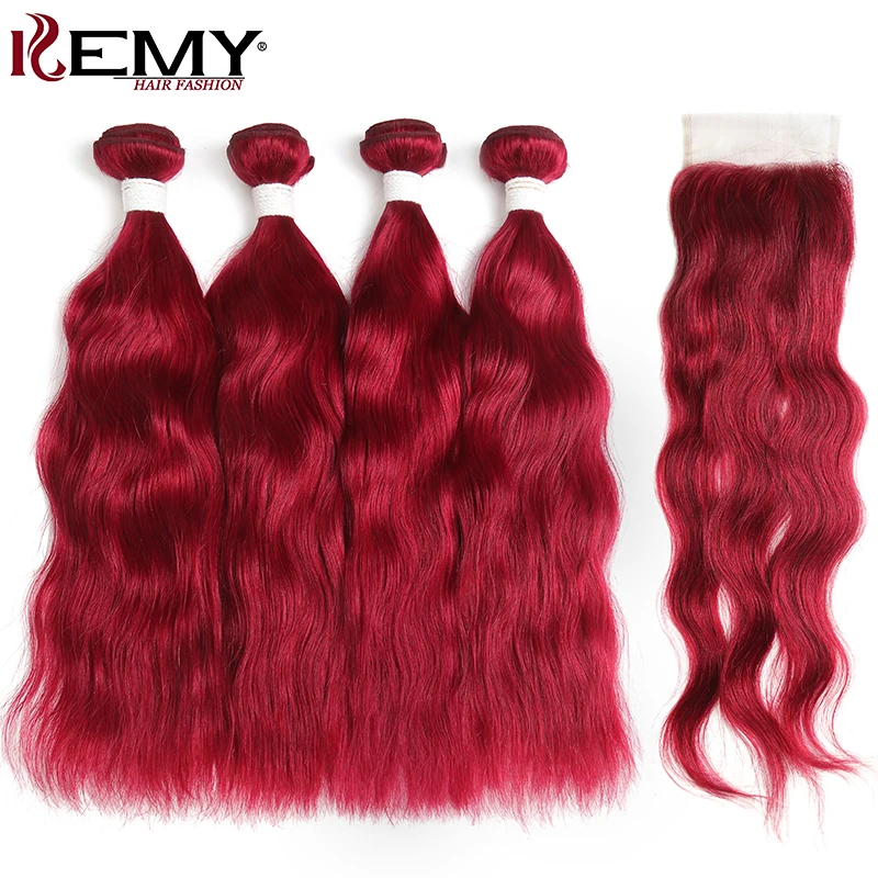 99J/бордовый человеческие волосы пучки с закрытием 4x4 не Реми красный цвет