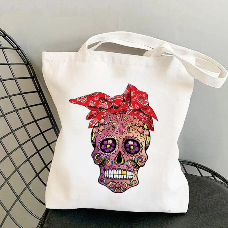 

Shopper Red Bandana Sugar Skull Printed Tote Bag women Harajuku shopper handbag girl Shoulder shopping bag Lady Canvas Bag