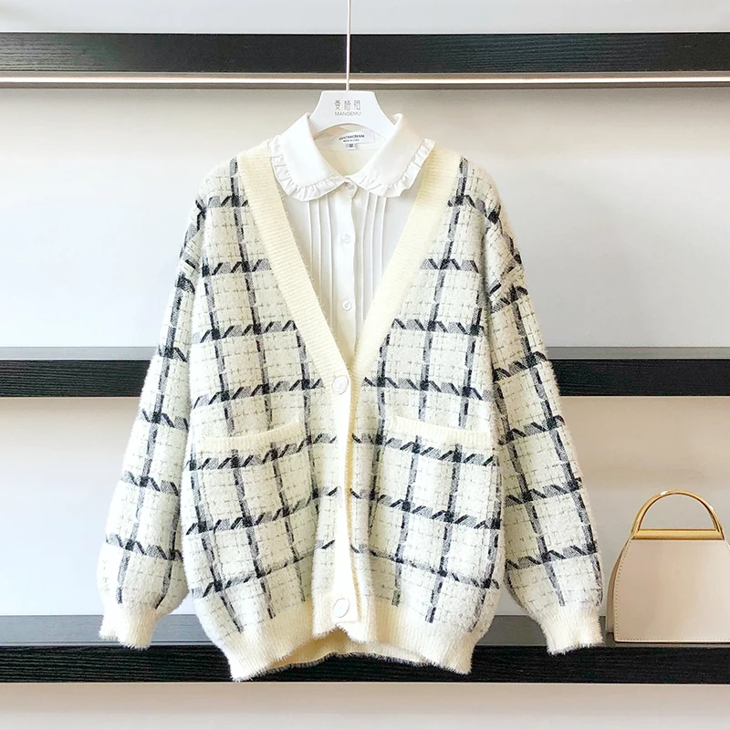 

Autumn and Winter Mink Like Sweater Cardigan Women's Loose and Thickened 2021 New Lazy Plaid Sweater Coat