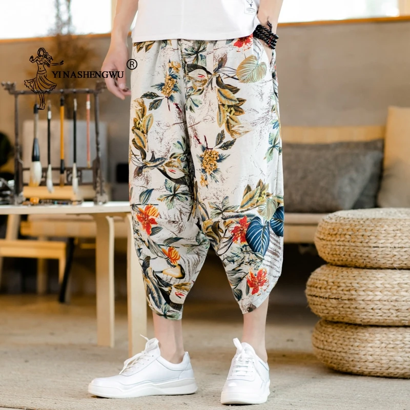 Повседневные эластичные свободные шаровары Ukiyo для отдыха с волнистым принтом