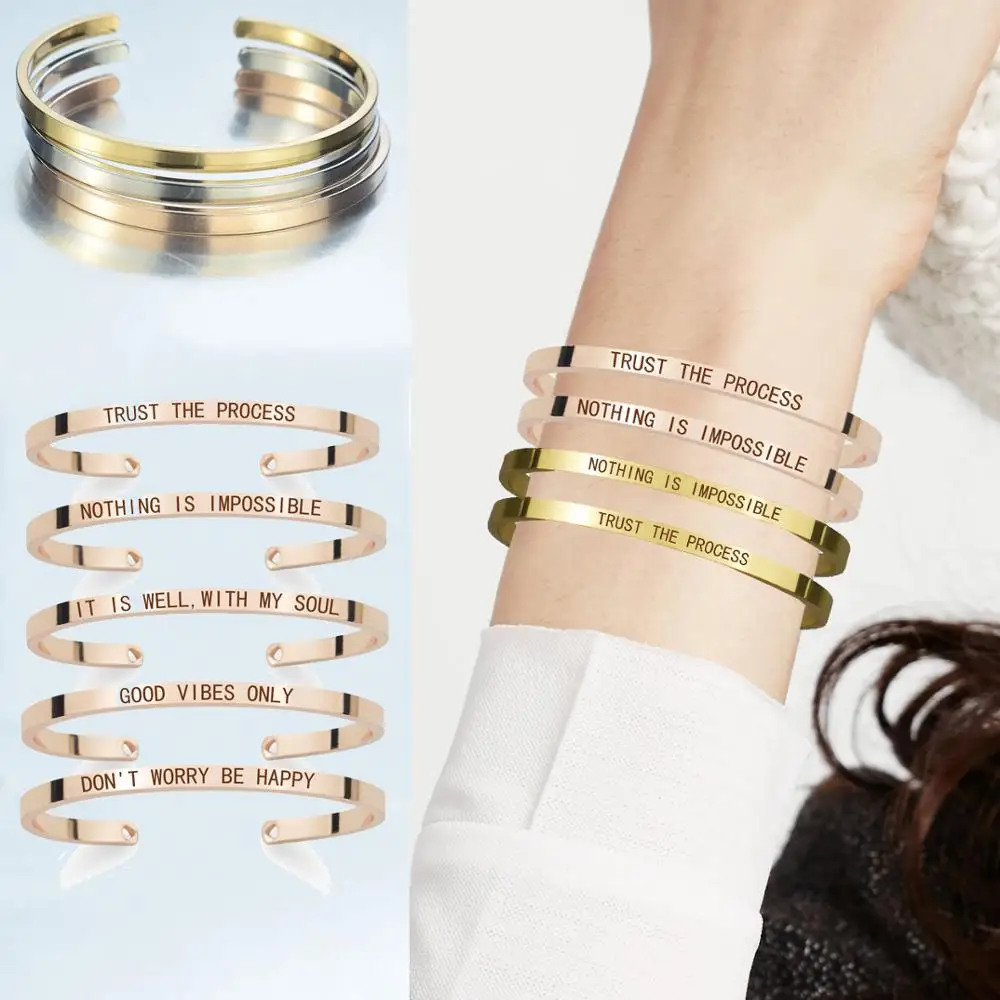 

LET IT GO Metal Lettering Bracelets Fashion Inspirational Letters Bangle DON'T WORRY BE HAPPY Engraved Cuff Bracelets Women Gift