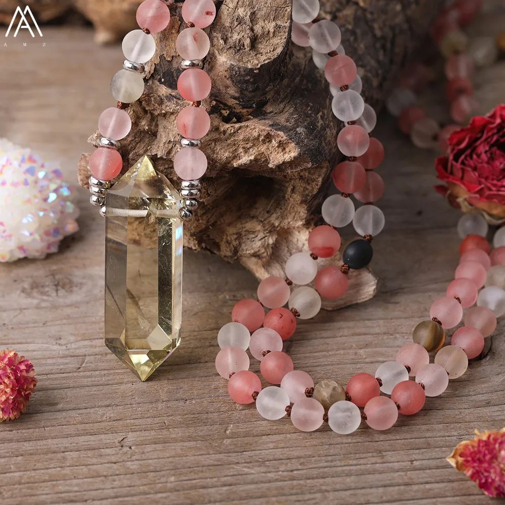 

Natural Smoky Color Yellow Quartz Double Point Pendant Unpolished Red Watermelon Stone 108 Mala Beads Handmade Knotted Necklace