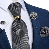 houndstooth black silver plaid mens ties wedding accessories silk necktie handkerchief cufflink set tie ring brooch gift for men