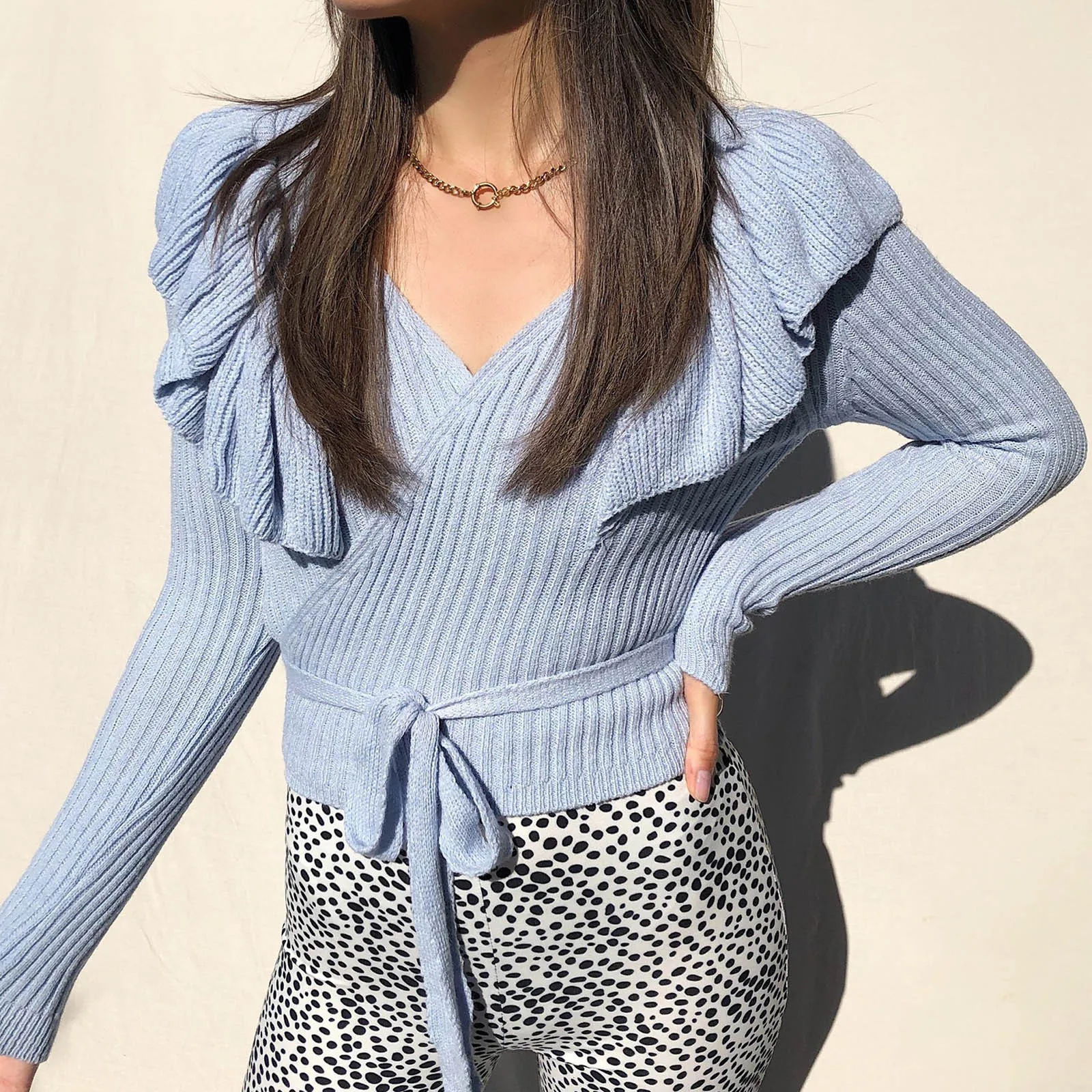 

Women 2021 Deep V-Neck Sweaters Sexy Ruffles Sweater Loose Top Autumn Vintage Solid Crossed Party Long Sleeve Knitting Shirt