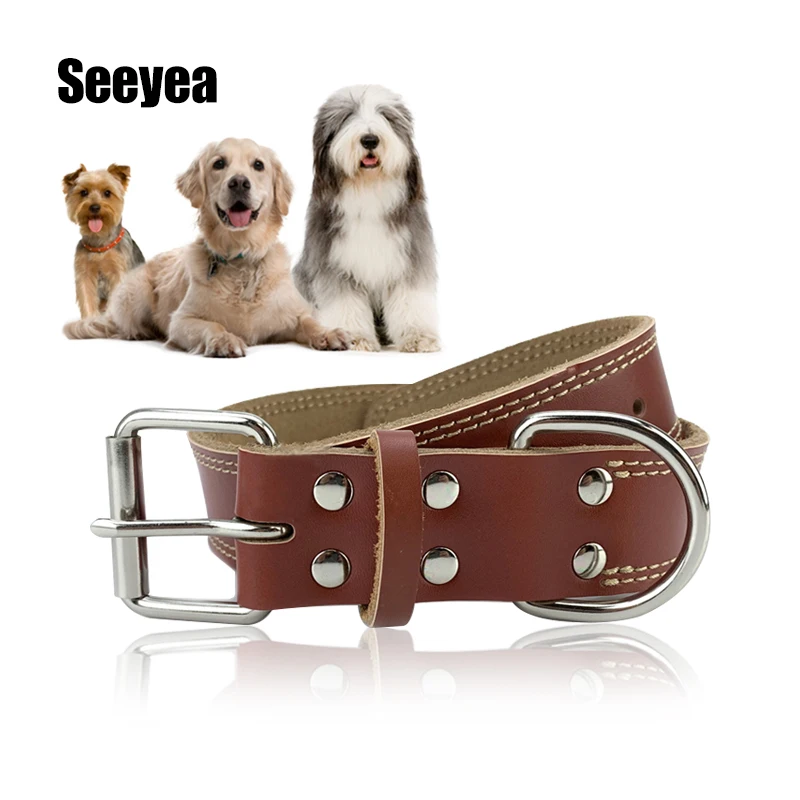 

Большой прочный ошейник для собак, кожаное ожерелье из искусственной кожи, ошейник для домашних питомцев из воловьей кожи для маленьких, ср...