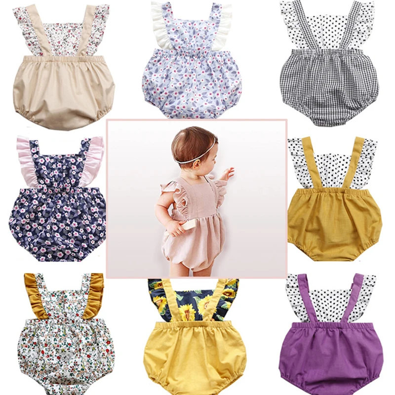 Newborn Baby Girl Romper Summer Clothes Floral Infant Ruffles Sleeves Romper Suspenders Jumpsuit Cotton Bodysuit Overalls