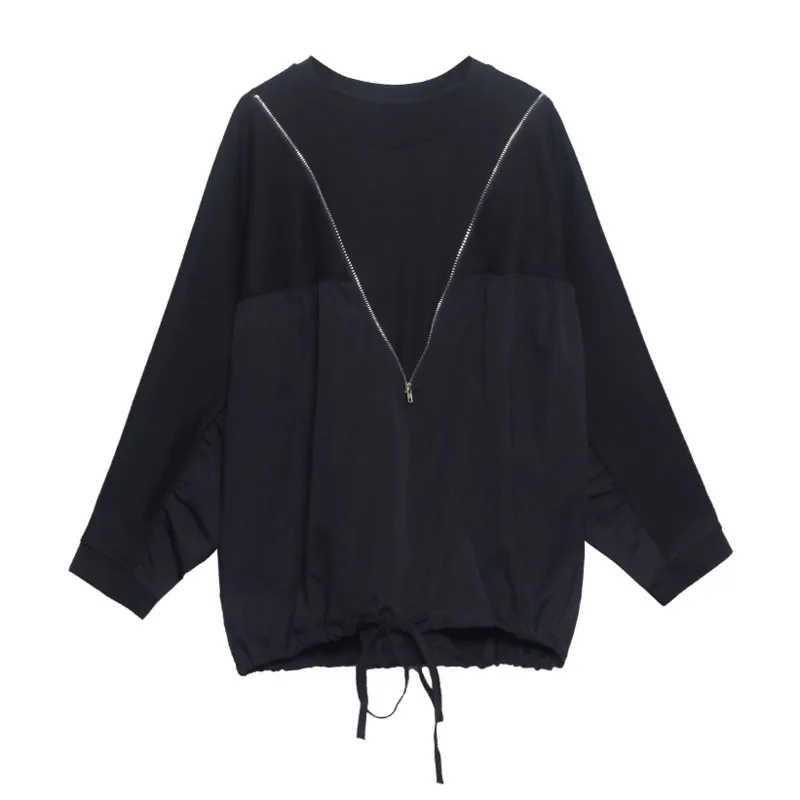 

XUXI Spring Autumn 2021 Women New T-shirt Western Fashion Loose Long-sleeved TShirt Trend Drawstring Hem T Shirt Tops E194