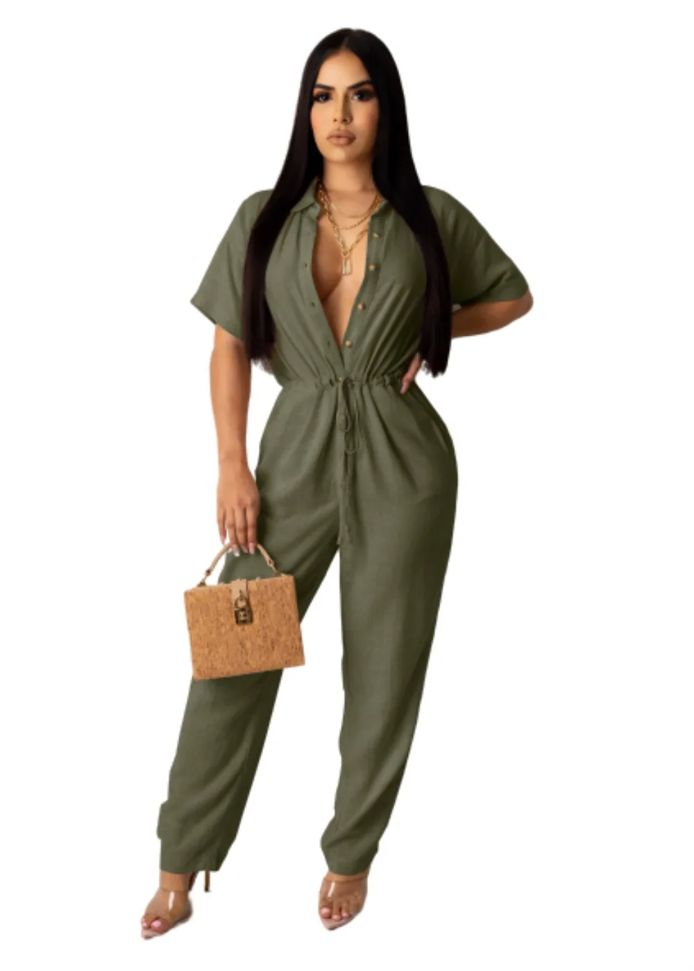 

Office Lady Ipure Color Drawstring Single-breasted Pencil Jumpsuit 2020 Safari Style Casual Women Turn-down Collar Overalls