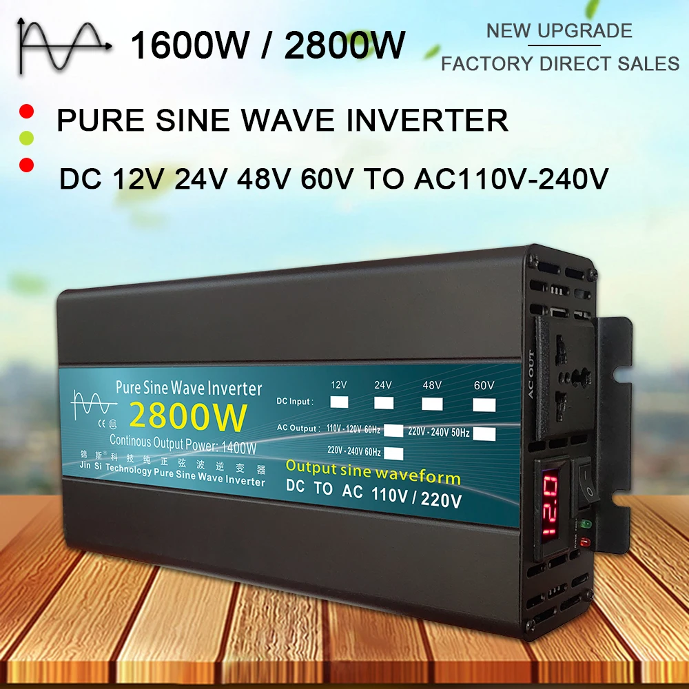 Inversor de Onda Conversor de Energia Transformador de Tensão 24v para ac Senoidal Pura 220v 1000w 1600 3000 Inversor Solar Display Led dc 12v –