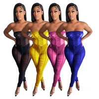 sexy women off shoulder jumpsuit sheer mesh see through bandage skinny long strapless romper women jumpsuit outfit