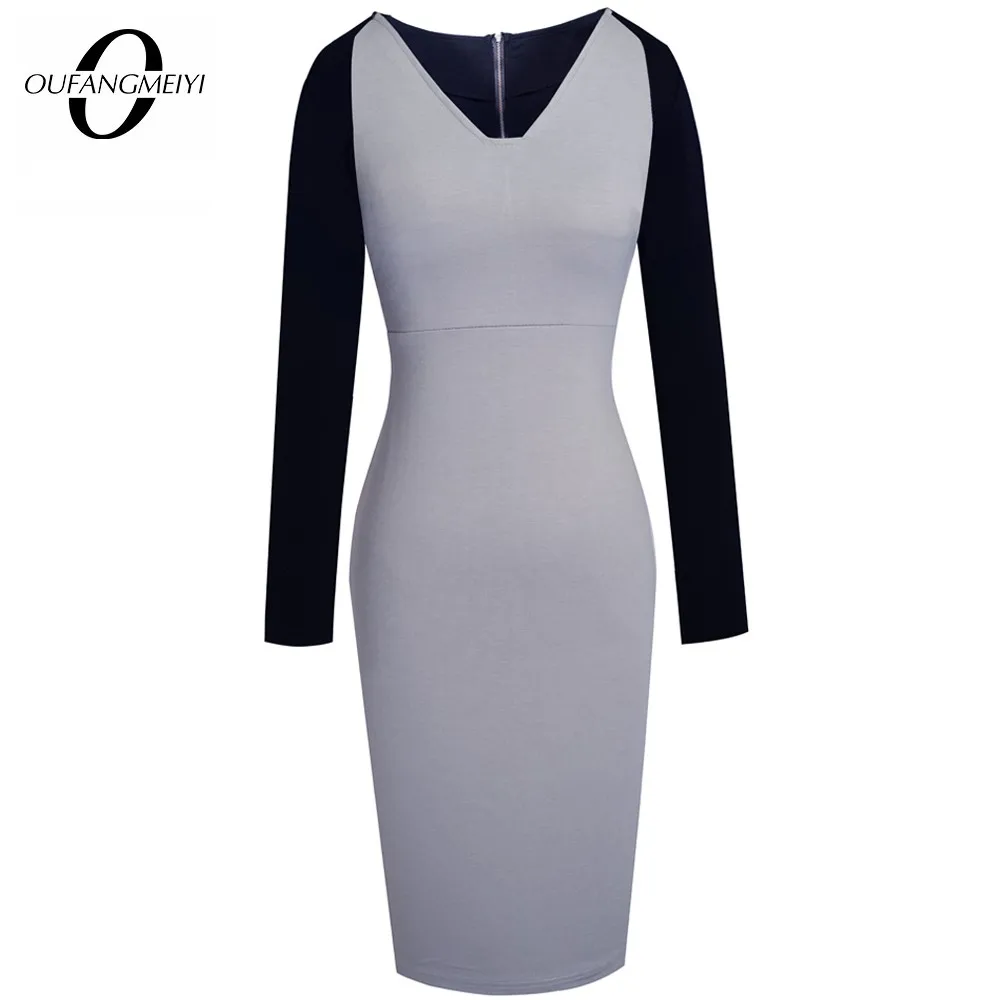 

Autumn Women Chic ColorBlock Business Office Elegant Sheath Slim Dress 1E686