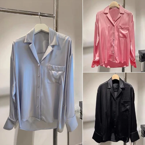 

109487 New Spring Summer Fashion Letter Embroidery Satin Long Sleeve Shirt +Casual Versatile Classic Letter Print Satin Pants A2