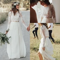 simple bohemian a line wedding gown new 2021 two pieces cheap lace chiffon wedding dress illusion top appliques long arm