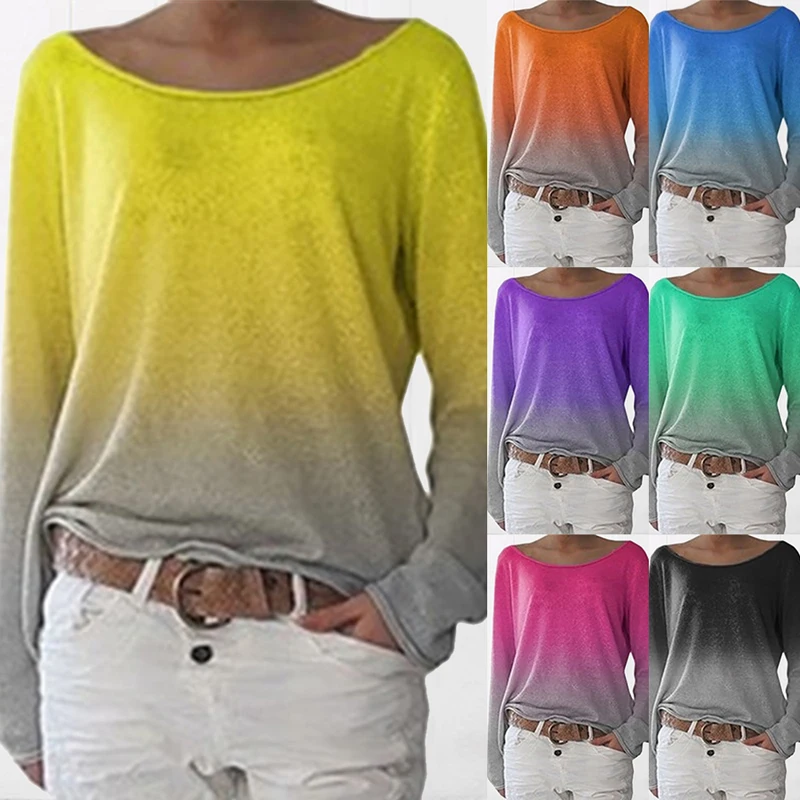 Женские блузки градиентного цвета с круглым вырезом и длинным рукавом женские