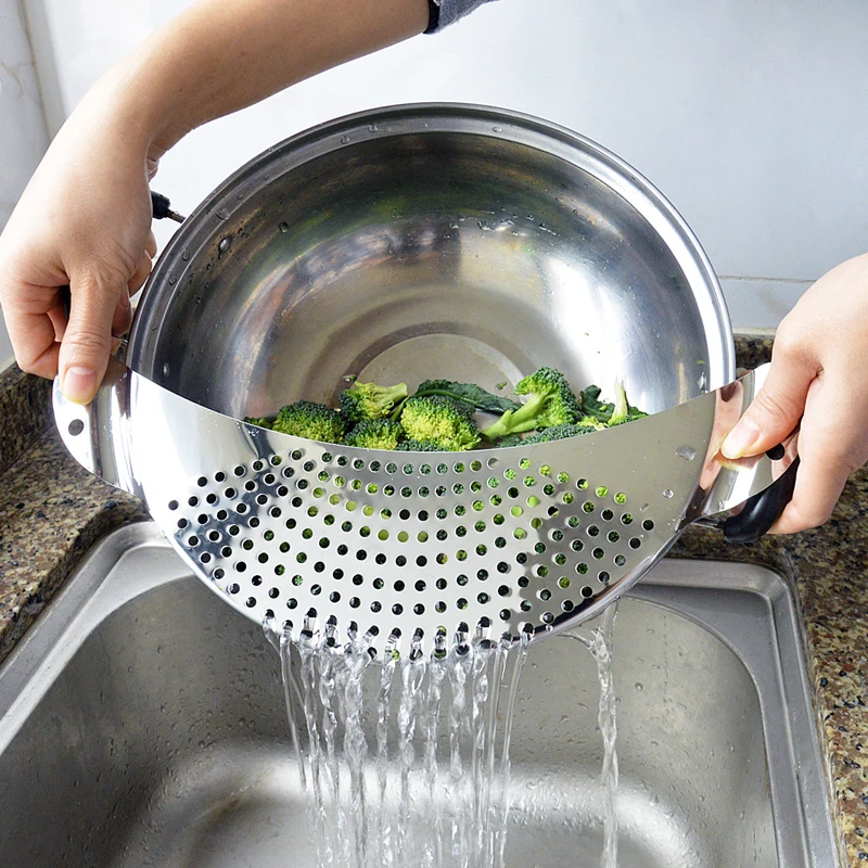 

1PC Vegetable Washing Basin Drain Basket Moon Shaped Stainless Steel Filter Drainage Hole Fruit Tools Household Kitchen Gadgets