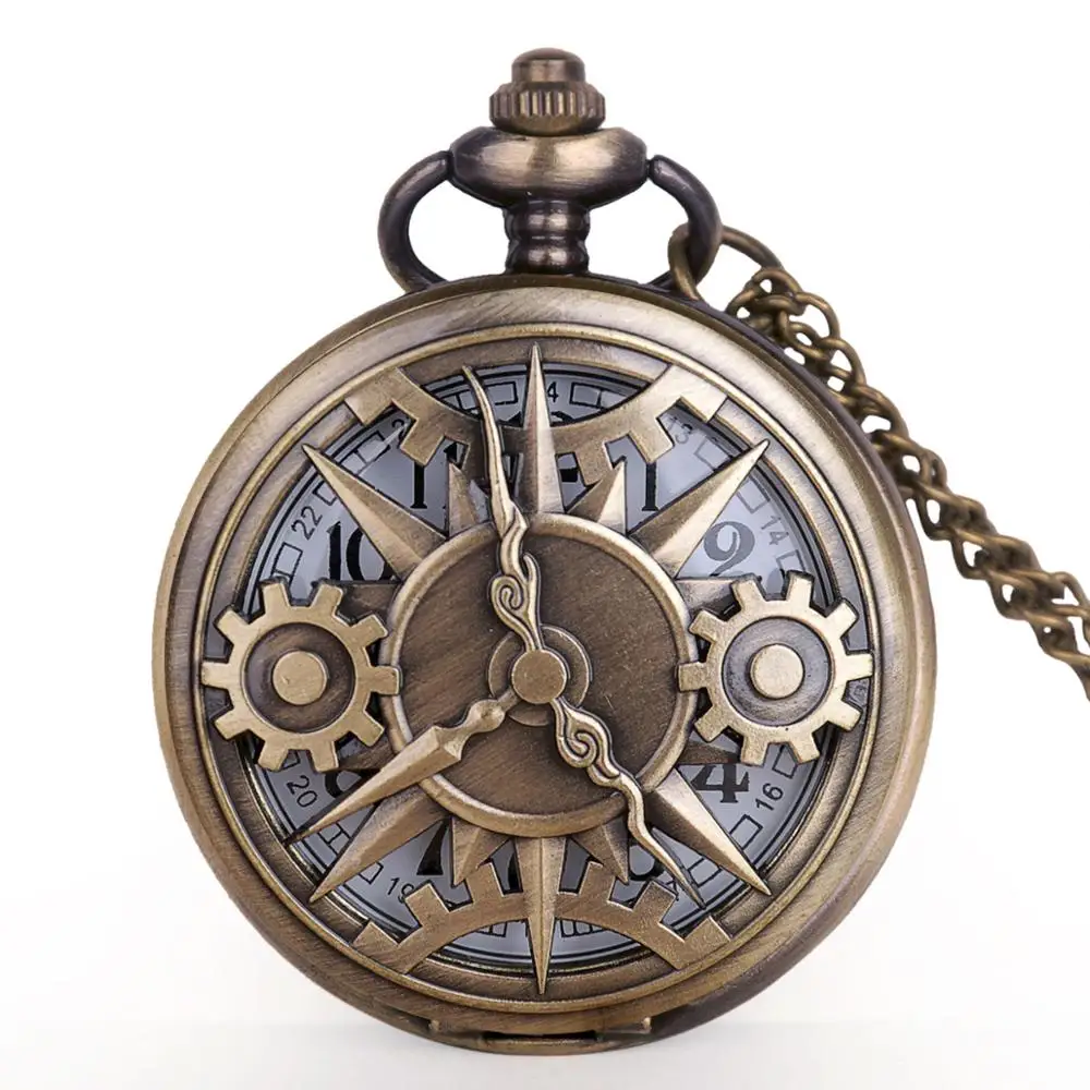10pcs Antique punk Bronze Hollow Gear Movement Quartz Pocket Watch Pendant Gift With Chain Pocket Watches Fob Watch Gift Boy Men