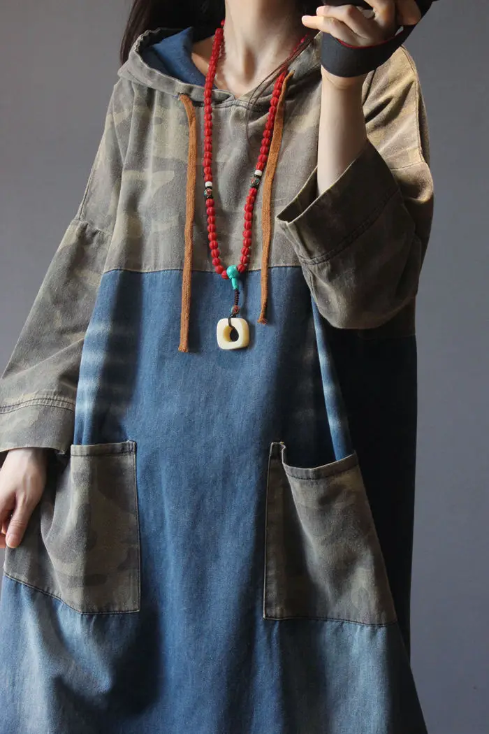

Autumn Winter Plus Size Hooded Denim Dress Women Long Sleeves Loose Camo Patchwork Jeans Dresses Casual Vintage Camouflage Dress