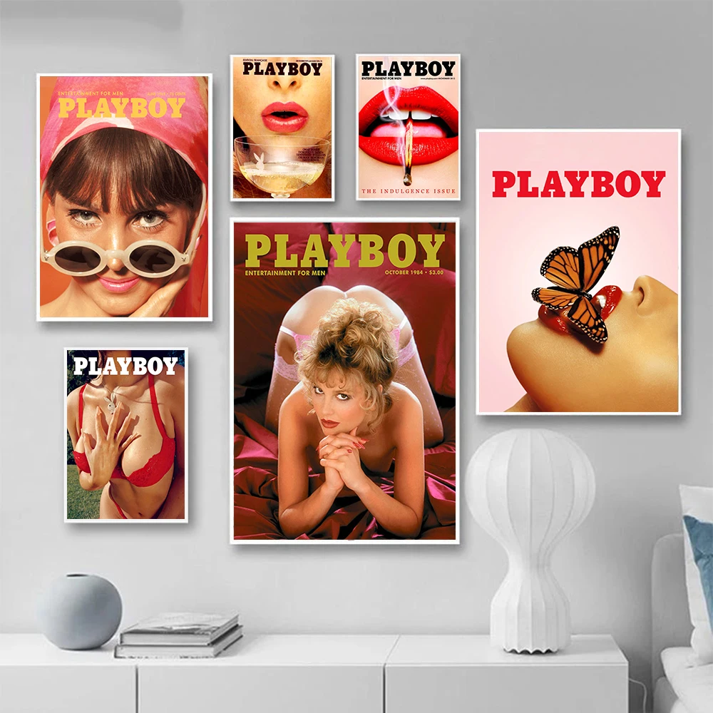 

Vintage Canvas Painting Poster Wall Art Print Vogue Magazine Playboy Sexy Woman Butterflies Red Lips Home Rooms Wall Decorati