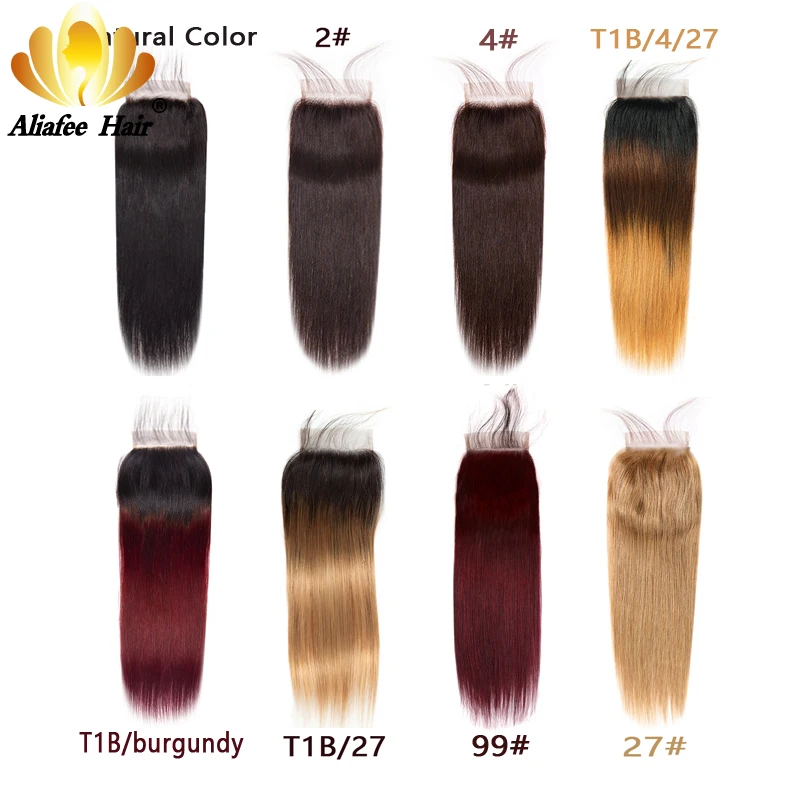 Aliafee-Cabello Humano Remy de Color Natural, pelo liso brasileño con cierre de encaje 4x4, 130% de densidad, 8 ''-20'', #2/#4/#27/#99/#