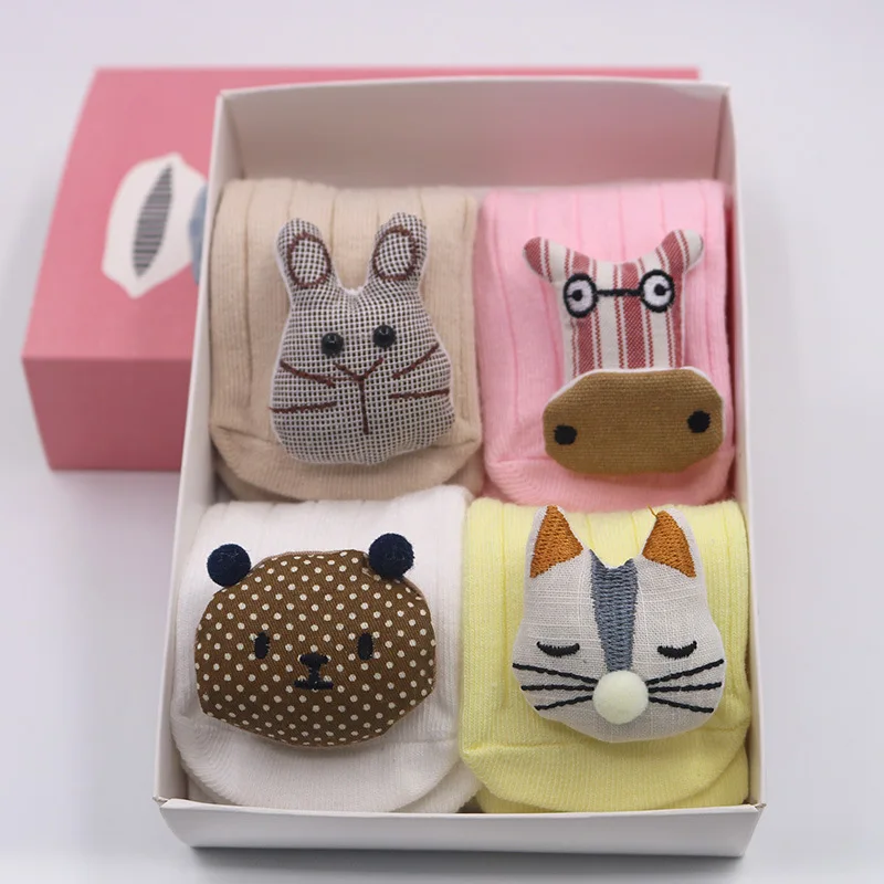 Calcetines de algod&oacute;n transpirables con doble aguja para beb&eacute; reci&eacute;n nacido, calcet&iacute;n de Oto&ntilde;o de Color s&oacute;lido, dulce mu&ntilde;eca de dibujos animados, regalo de 0 a 12 meses, 4 Uds.-5