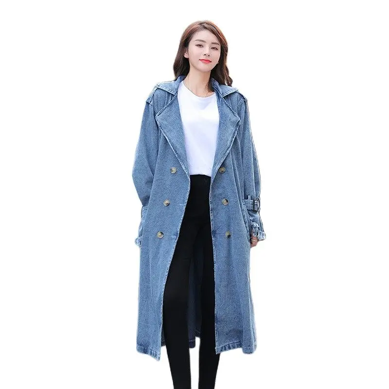 

2021 New Women's Large Size Loose Mid-length Double-breasted Denim Windbreaker With Belt Spring Autumn Trench Coats Overcoat 672
