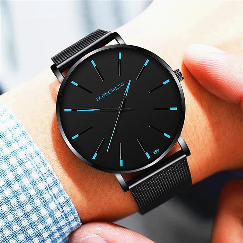 Новые черные мужские часы кварцевые сплав сетка многоцветный указатель матовый