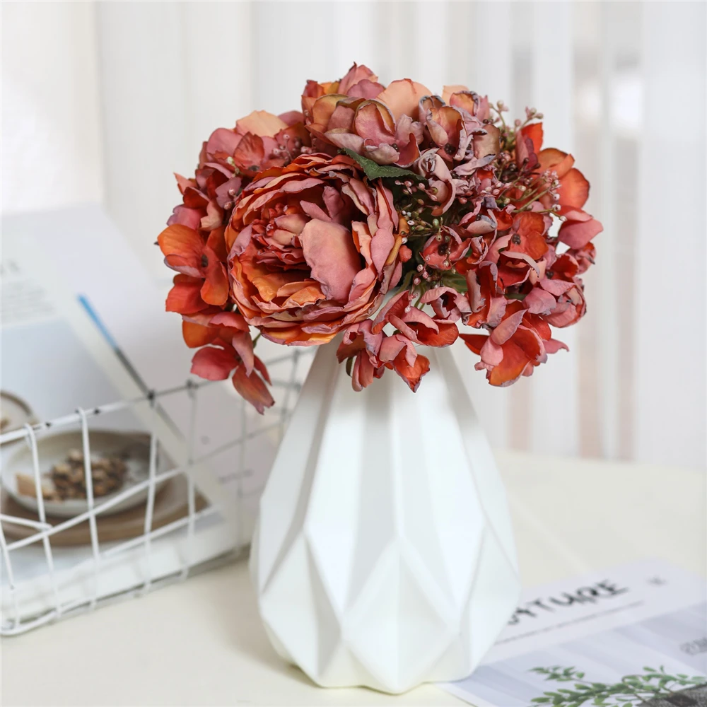

1pc Artificial Bouquet Silk Rose Hydrangea Pastoralism Imitation Vase Decoration For Home Wedding Decor Big Birthday Celebration