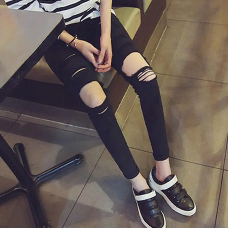 

Jeans female hole 2020 new slim student spring and summer tight Leggings black beggar pencil pants