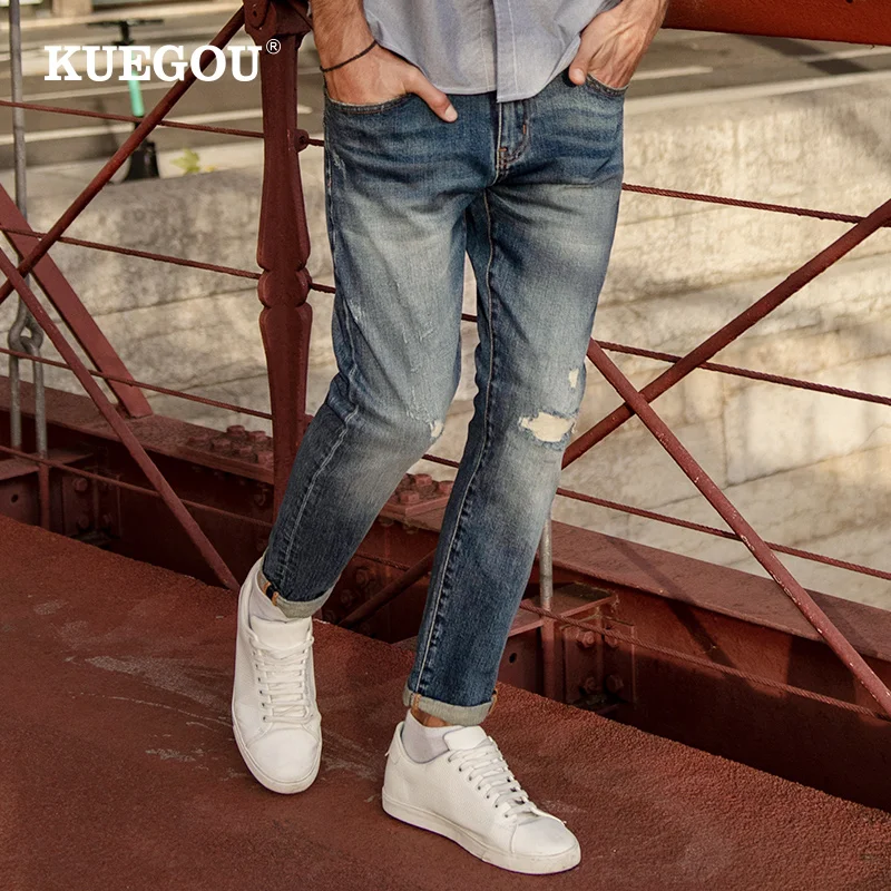 

KUEGOU Cotton Autumn Spring Clothing Classic Man Jeans Scratched High Quality Slim Fashion Stretchy Denim Hole Men pants LK-1835