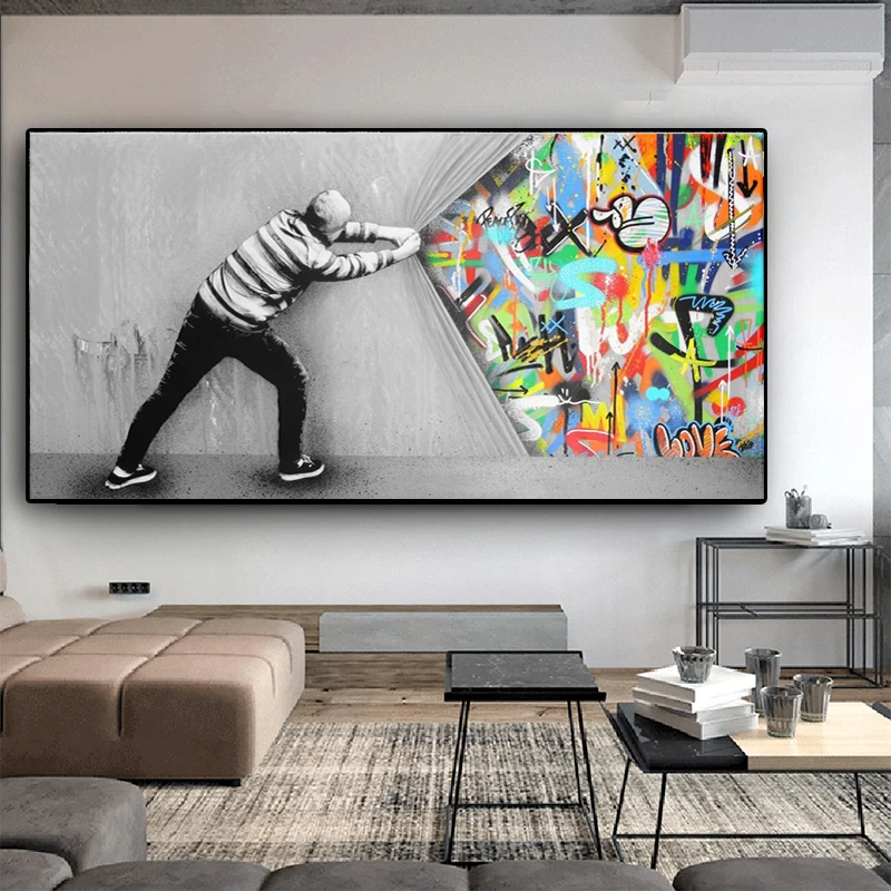 

Behind the Curtain Graffiti Art Painting on Canvas Posters and Prints Street Wall Art Picture for Living Room Cuadros Home Decor