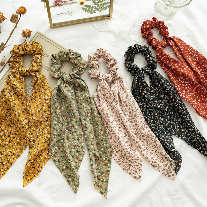 

Long Ribbon Hair Scarf For Women Floral Print Scrunchie Ponytail Holder Hair Accessories Fashion Elastic Hair Band Girl Headwear