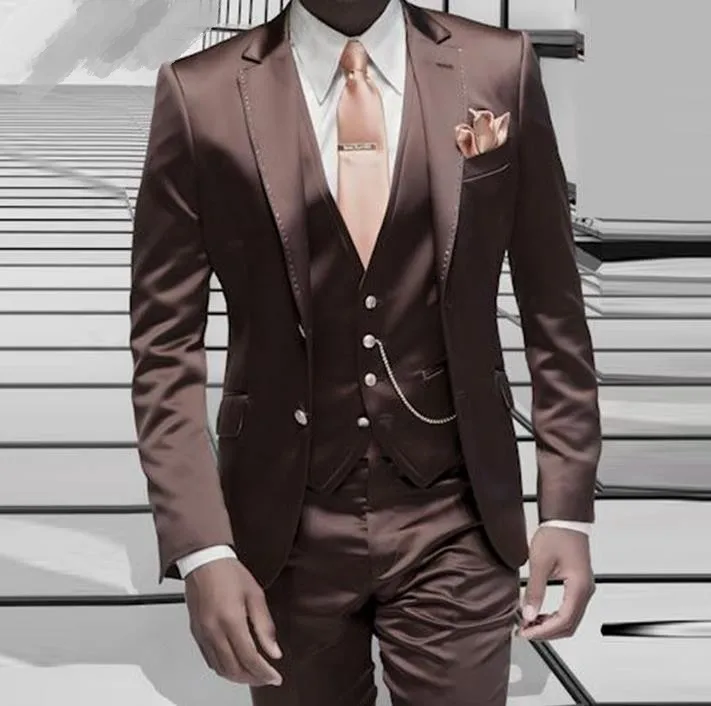 Мужской Атласный Костюм коричневый пиджак брюки жилет 3 шт. классический костюм в