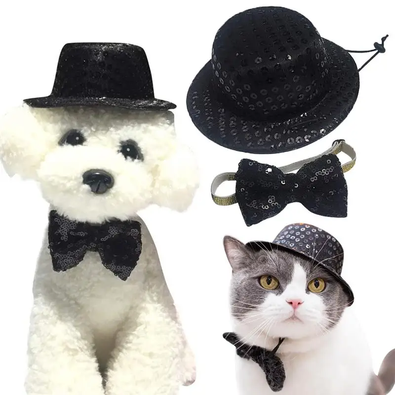 Черные блестки Pet плоский Кепки и галстуком бабочкой костюм для малых средних