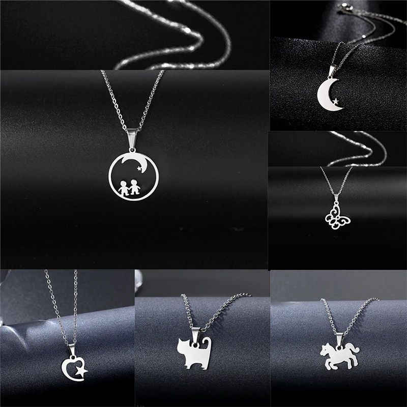 Ожерелье Rinhoo из нержавеющей стали с кулоном-пони, котенок, дельфин, животное, любовь, перо, пальма, подарок женские ожерелья бижутерия