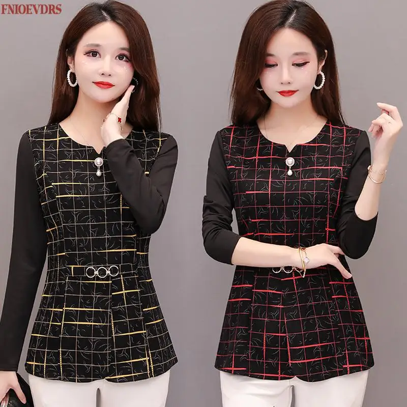 

Autumn Winter Basic Shirts Blouses Women Fashion Slim Elegant Office Lady O Neck Printed Vintage Peplum Red Plaid Top