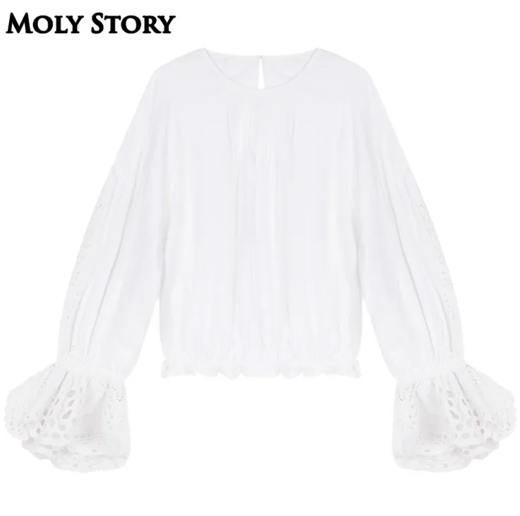 Кружевные топы с рукавами фонариками рубашки круглым вырезом Женские из 100%