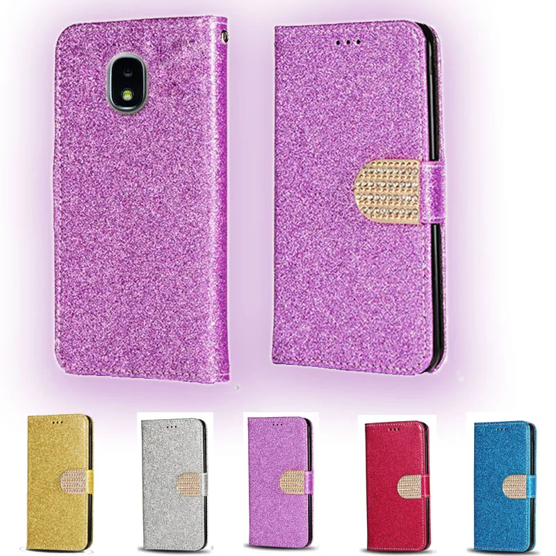 Glitter Diamond Flip Leather Wallet Phone Case For Samsung Galaxy J3 J5 J7 Pro 2017 2018 J330F J530F J730F Phone cover card slot